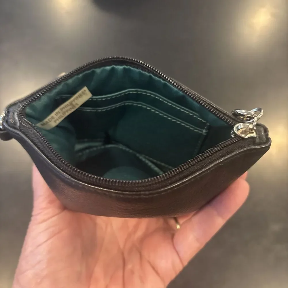Coach Black Leather Teal Lined Wristlet w/ Zipper Credit Card Slot & Strap
